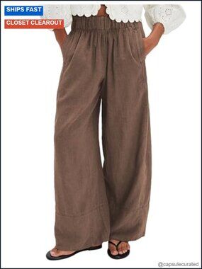 Linen Pants Women Casual Elastic Waist Wide Leg Palazzo Beach Trousers with